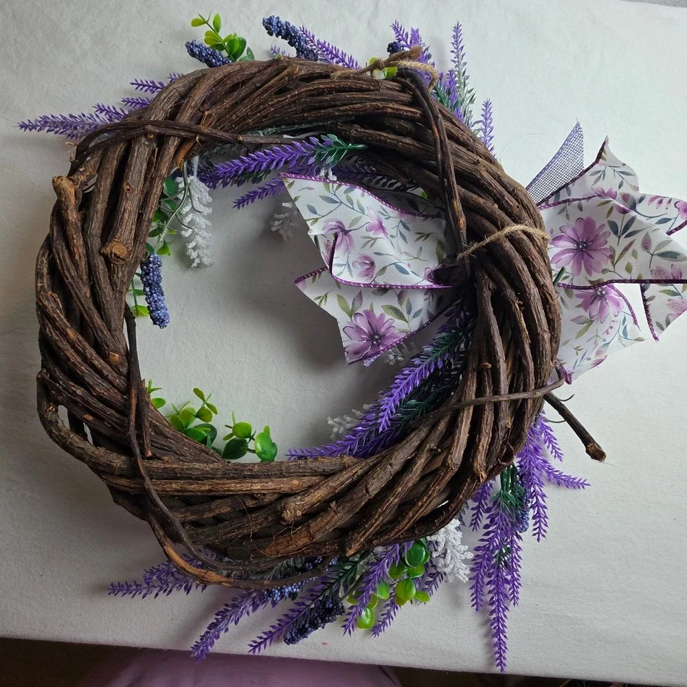 Handcrafted Lavender Grapevine Wreath Purple White Faux Floral Farmhouse Decor